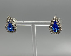 Vintage Teardrop Rhinestone Earrings Blue & Clear Crystal Accent Post Pierced El
