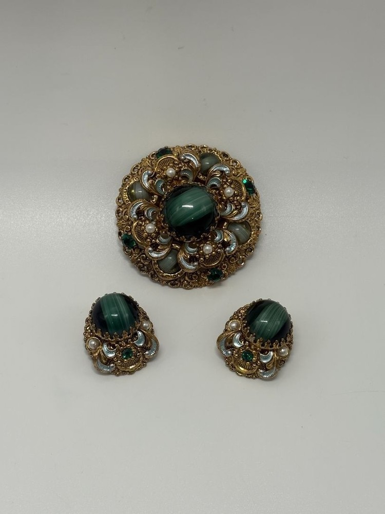 W. Germany Gold/Green Vintage 1950s Layered Filigree Brooch & Earrings Parure Se