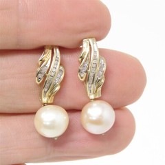 NYJEWEL 14k Yellow Gold 9.5mm Pearl 0.5ctw Diamond Stud Dangle Earrings
