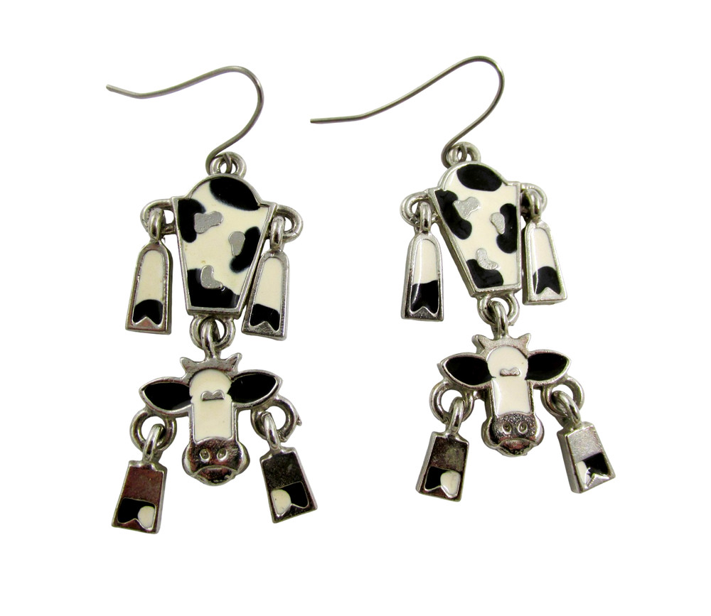 Edgar Berebi Enamel Cow Dangle Earrings Signed EB Silver Tone Articulated