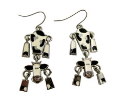 Edgar Berebi Enamel Cow Dangle Earrings Signed EB Silver Tone Articulated
