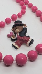 1986 Hallmark Bear Heart Pin + Pink Beaded Necklace Valentine Day Jewelry Bundle
