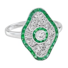 Art Deco Style Lab Created Diamond & Emerald Engagement 14K White Gold FN Ring