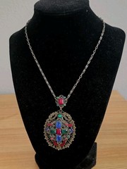 Vintage Czech Glass Filigree Enamel Necklace Multicolor Rhinestone Oval Pendant