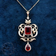 Victorian Emerald Cut Ruby & CZ Filigree Pendant Necklace Drop Floral Statement