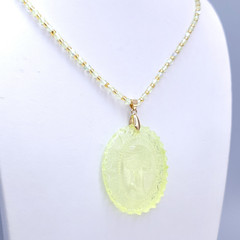 Uranium Glass Necklace 23” Cameo Pendant Vaseline Yellow Czech Beads