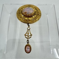 Victorian Revival Czech Foiled Opal Glass Brooch Oval Gold Tone With Dangle 2.5″