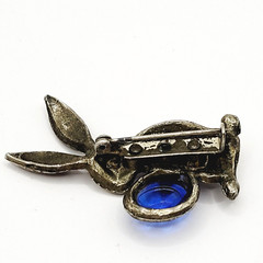 Rabbit Bunny Holding Blue Faceted Egg Silver Tone Vintage Brooch Pin Distressed