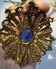 Vintage Antique Czech Gilt Filigree Cobalt Blue Glass Brooch Pin-Estate