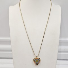 Vintage Micro Mosaic Heart Pendant Necklace Gold Tone Serpentine Chain 24″