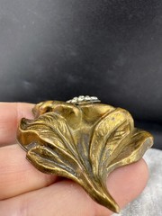 Vintage Brass Tone Flower Brooch Pin Rhinestone Gold Tone