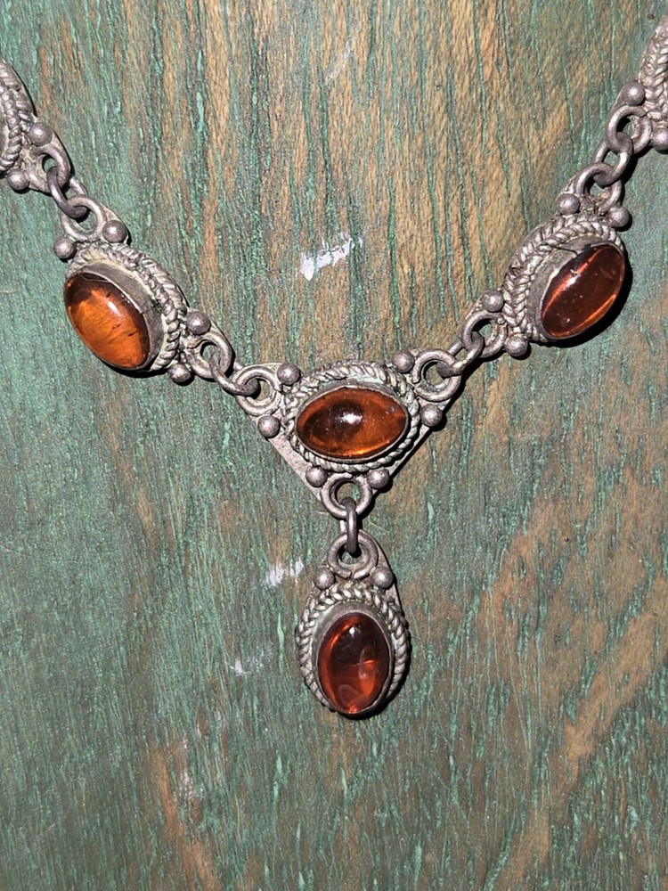 Vintage 925 Sterling Silver Genuine Amber Cabochon Necklace Baltic Style 14.75″