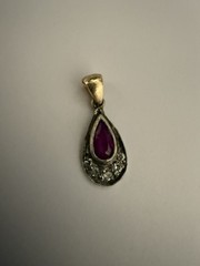 Antique Old Mine Rose Cut Diamond 14K Gold and Silver pendant Ruby Center Stone