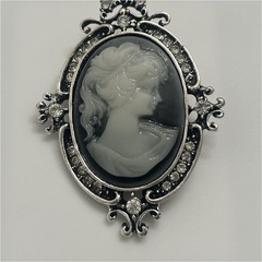Oval Cameo Portrait Brooch Pin Silver Tone Frame Gray White Oval Art Beauty