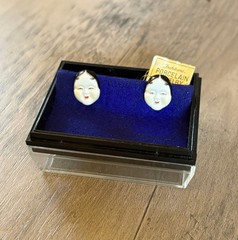 Toshikane Porcelain Geisha Mask Face Earrings Gold Posts, Original Box Japan