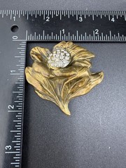 Vintage Brass Tone Flower Brooch Pin Rhinestone Gold Tone