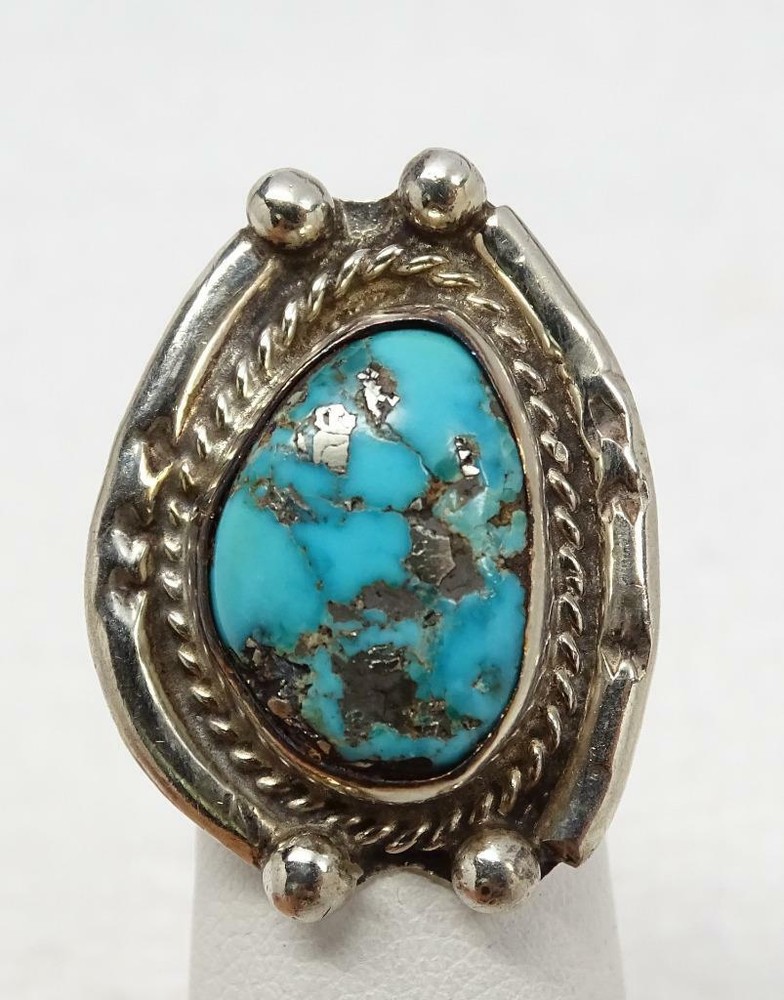 Navajo Old Pawn Silver & Zinc Matrix Turquoise Ring Size 4