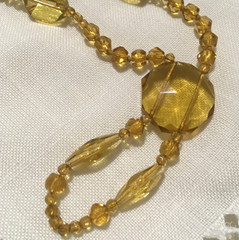 Vintage Art Deco Amber Glass Bead Necklace Faceted Beads Drop Pendant 26″L
