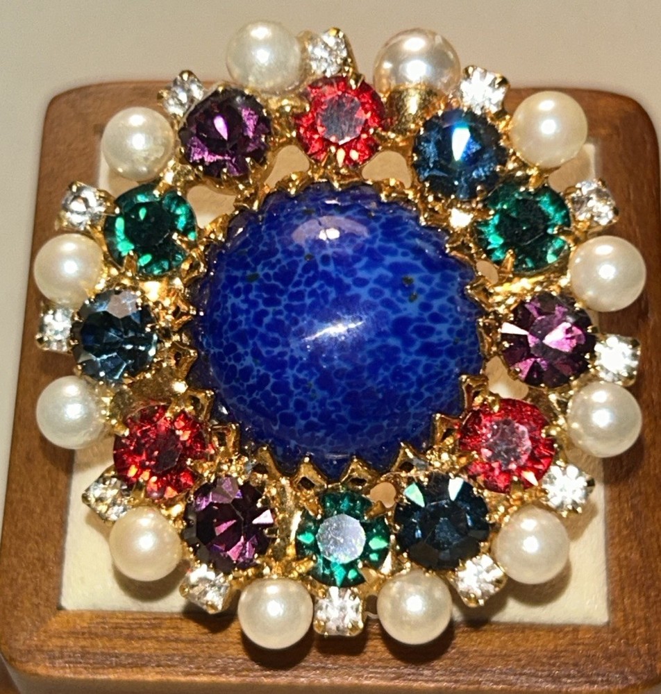 Rare Moans Couture Runway Ring Blue Art Glass Rhinestone Faux Pearl Size 5-6 80s