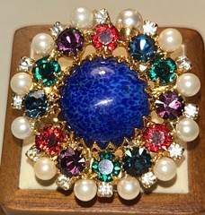 Rare Moans Couture Runway Ring Blue Art Glass Rhinestone Faux Pearl Size 5-6 80s