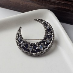 Vintage Silver Tone Rhinestone Enamel Crescent Moon & Star Brooch