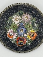 Vintage Micro Mosaic Glass Tiles Floral Round Brooch Pin Italy Signed