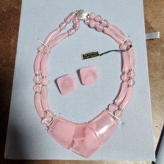 Vtg 80’s Pink Lucite Necklace Earring Set Hong Kong Moonglow Geometric Statement