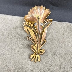Vintage Pot Metal Rhinestone Brooch Gold Tone Flower READ