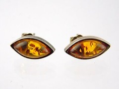 Sterling Silver Orange Amber Cabochon Stud Earrings .5 Inch Length 2.5g