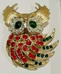 Vintage Great Horned Owl Brooch Pin Rhinestone Adorned Costume Estate Jewelry