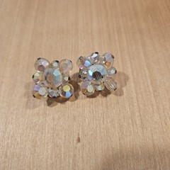 Vintage AB Crystal Flower Cluster Clip Earrings Heavy Glass Aurora Borealis