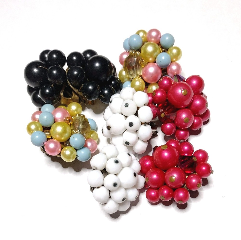 4 Pr Lot Vtg Bead Cluster Earrings Clip On Milk Glass, Hot Pink, Black & Pastel