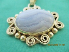 MEXICO 925 Sterling Silver Vintage Cabochon Blue Lace Agate Swirl Pendant