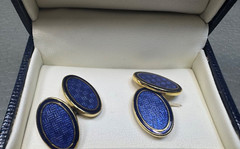 Blue Basketweave Enamel Yellow Gold Plated Cuff Links