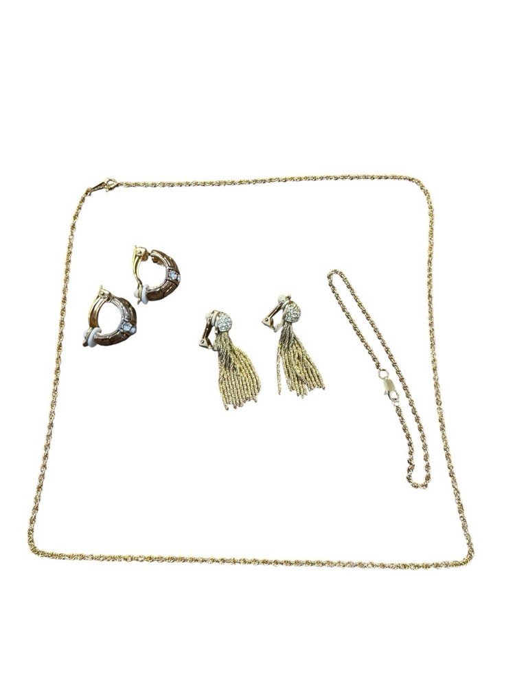 Vintage Costume Jewelry Lot 1990 Gold Clip Earrings Bracelet Necklace Rope Chain