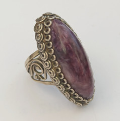 VTG Filigree Ring Large Marquise Amethyst Stone Boho Bohemian Cabochon Purple