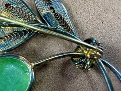 Green Jade Cabochon Floral Filigree Leaf Vintage Sterling Silver 925 Brooch Pin