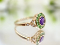 Art Deco Vintage Style Lab Created Amethyst & Emerald Wedding 14K Gold FN Ring