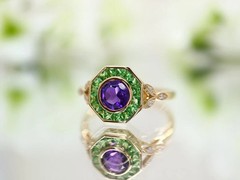 Art Deco Vintage Style Lab Created Amethyst & Emerald Wedding 14K Gold FN Ring