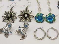 VTG Dangle Earrings Lot Pierced 1 Clip Silver Tone Blue Clear Rhinestones D2115