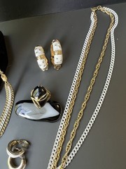 Vintage Black, White, & Gold Jewelry Lot Incl Avon, Sarah Coventry, Monet