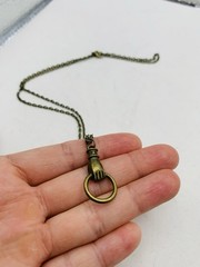 Vintage Victorian Style Hand Clasping Ring Door Knocker Bronze Tone 18” Necklace