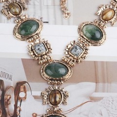 Vintage Glam Green stone Tiger Eye Choker Gold Victorian Statement Necklace gift