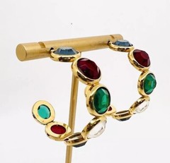Large Multicolored Bezel Set Crystal Hoop Earrings Posts Vintage Jewelry