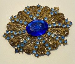 Vintage Antique Czech Gilt Filigree Cobalt Blue Glass Brooch Pin-Estate