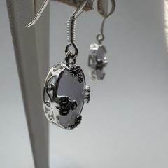Blue Lace agate Lavender Color Sterling Silver Vintage Earrings With Marcasite