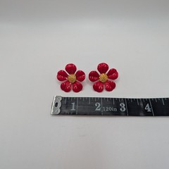 VTG Bright Red-Gold Metal Enamel Flower Power Brooch & Clip On Earring Set