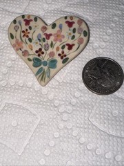 Beautiful Hand Painted Colorful Floral Heart Shaped Brooch Signed THW