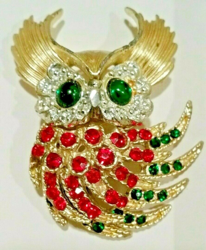Vintage Great Horned Owl Brooch Pin Rhinestone Adorned Costume Estate Jewelry