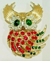 Vintage Great Horned Owl Brooch Pin Rhinestone Adorned Costume Estate Jewelry